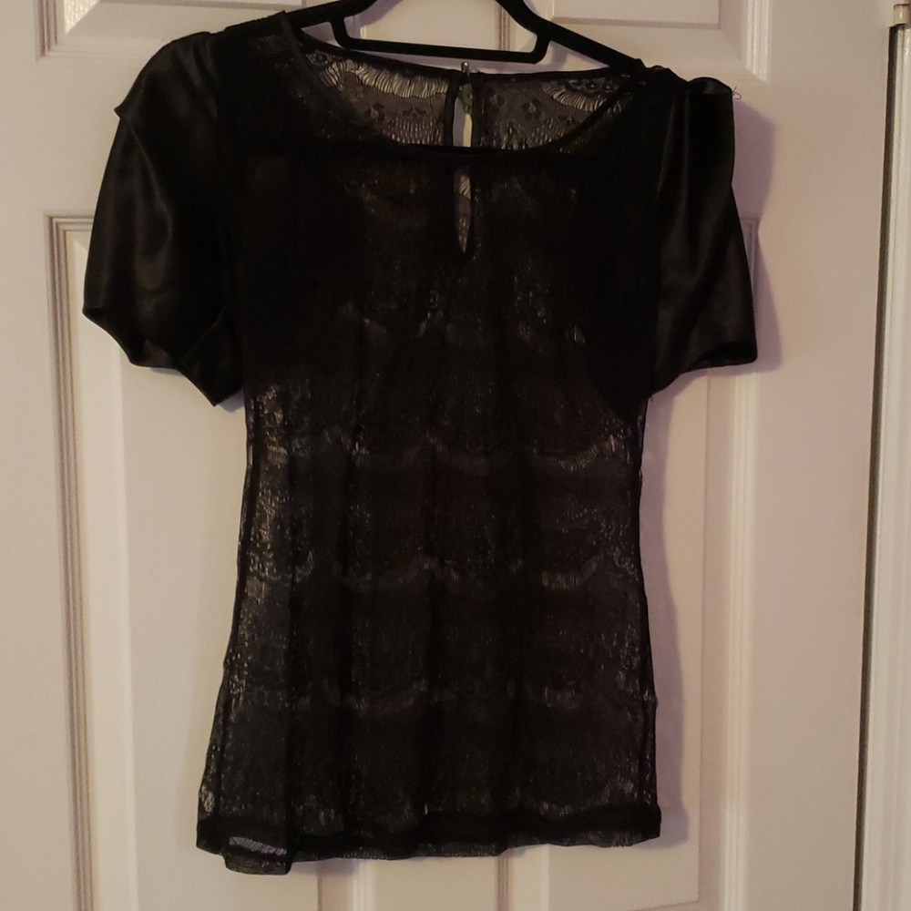 Black sheer top with puff satin like sleeve
